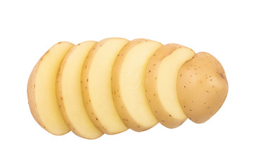 Young slice potato isolated on white background. Harvest new. Top view. Flat lay