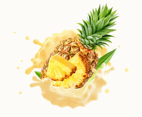 Delicious fresh fruit yogurt or cream splash wave with ripe mango and pineapple mango slices. Label, sticker, banner ad element with greek yogurt, sour cream, milk, mango, pineapple. 3D