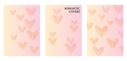 Three flyer templates in delicate pastel shades. Romantic pattern with hearts.  Art can be used for brochure, flyers, packing, cover design, postacrd.
