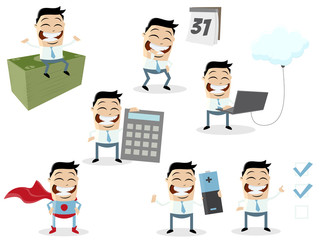 funny cartoon collection of an asian businessman in various situations