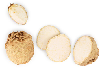 Fresh celery root isolated on white background. Top view. Flat lay. Set or collection