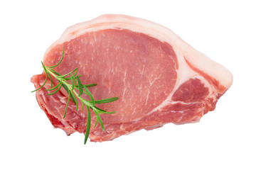 sliced raw pork meat with rosemary isolated on white background. Top view. Flat lay