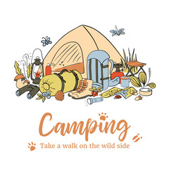Camping poster template. Take a walk on the wild side. Hiking icons colored sketch style set. vector collection. frame on top
