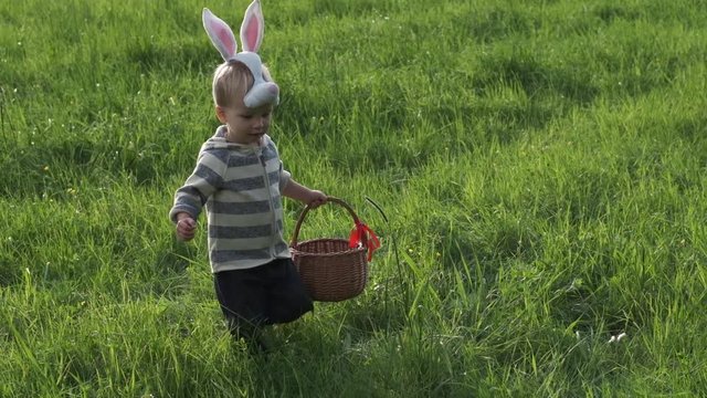 Camera follows a little caucasian boy with bunny ears and basket, which finds colorful eggs in   grass on traditional Easter egg hunt in slow motion. Easter feast concept. 