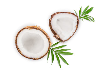 coconut with leaves isolated on white background. Top view. Flat lay