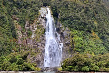 Stirling Falls at Milford Sound in South Island of New Zealand is the most beautiful and greatest waterfalls in Milford Sound, New Zealand