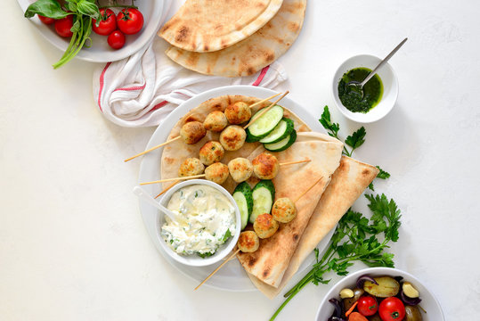 Greek Turkey Meatballs With Pita And Tzatziki