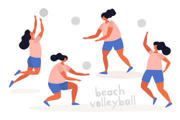 The women's team is training before playing beach volleyball. Popular summer sports and outdoor activities. Vector flat illustration on white isolated background.