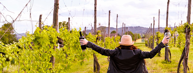 Girl with a glass of red wine in hand and a bottle. Girl in the vineyards at sunset. Long format. Banner. - Powered by Adobe