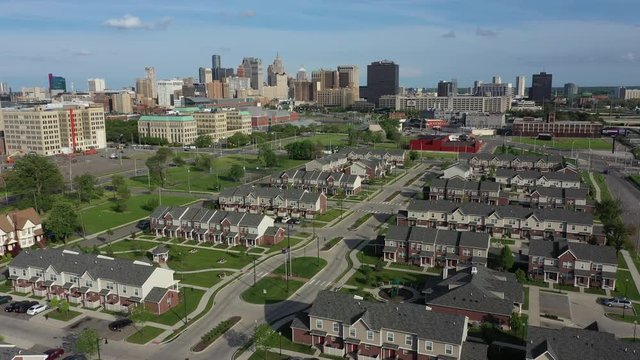 Residential area in Detroit Michigan Aerial ascending