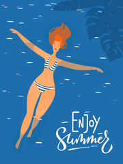 Obraz na płótnie Canvas Vector summer illustration with young woman in a swimming pool.