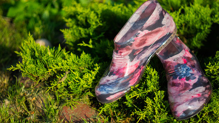 flower rubber boots on grass in the garden. copy space. gardening and planting spring work
