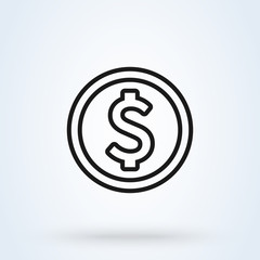 Coin dollar. Flat style. line art illustration icon isolated on white background.