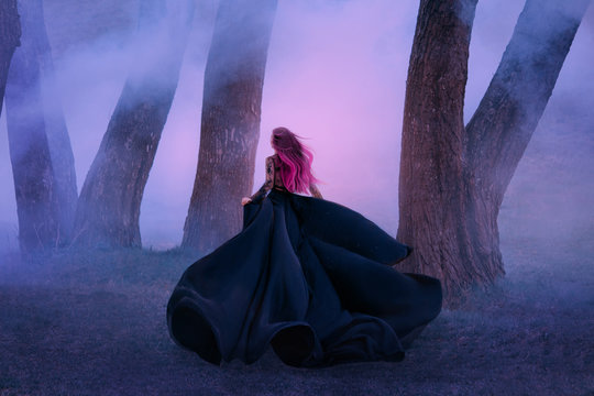 The queen in black dress, runs away in the fog. The skirt train is waving in the wind like a black flower. Pink long hair fly. A vampire is hunting at dusk. Art photo from the back, without a face