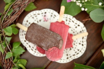 fruit ice cream on a stick, on a background of green leaves