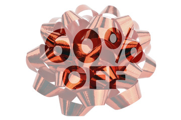 Symbol for a discount over 60% in the form of a highlighted text 60% off in front of a red gift ribbon