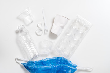 Waste management and disposal. Ecology problem. Plastic bag, toxic garbage arrangement. White background.