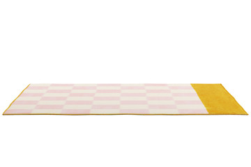 Modern rectangular pink and yellow rug with a checked pattern. 3d render