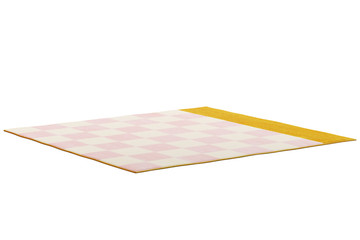 Modern rectangular pink and yellow rug with a checked pattern. 3d render