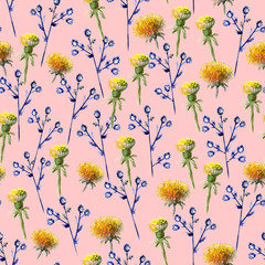 Seamless pattern of watercolor yellow dandelions and blue prickly eryngium