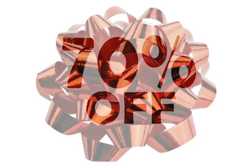 Discount over 70% shown symbolically in the form of a highlighted text 70% off in front of a red gift loop
