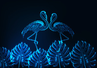 Tropical summer concept with glowing low poly couple of flamingos and monstera leaves on dark blue. © Inna