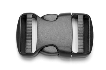 black plastic Fastex clip for backpacks on a white background