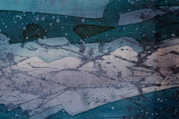 Abstraction, turquoise and violet, hot batik, background texture, handmade on silk, abstract surrealism art