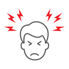 Headache thin line icon, body and pain, head pain sign, vector graphics, a linear pattern on a white background.