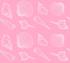 Vector seamless pattern of hand drawn doodle sketch different shell isolated on pastel pink  background 