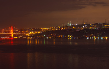 Fototapeta na wymiar Night view to Bosphorus bridge and Camlica Cami