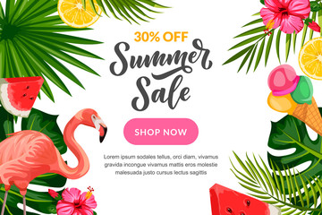 Tropical summer vector background. Sale banner, flyer or poster design template with hand drawn calligraphy lettering.