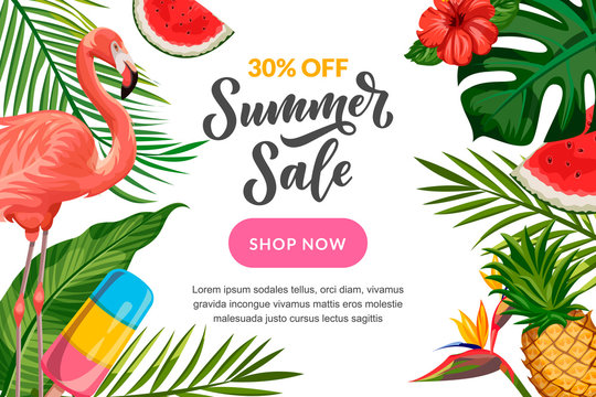 Summer vector background with flamingo, tropical leaves, hand drawn calligraphy. Sale banner, poster design template.