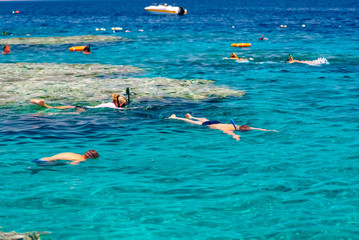 Vacation tourist snorkel  swimming snorkeling in paradise clear water banner panorama. Swim girl snorkeler in crystalline waters and coral reefs. Turquoise ocean background.