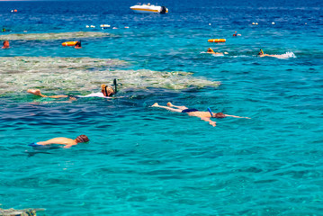Vacation tourist snorkel  swimming snorkeling in paradise clear water banner panorama. Swim girl...