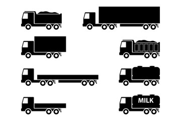 A set of trucks. Black silhouettes of industrial vehicles. Vector drawing. Isolated objects on white background. Isolate.