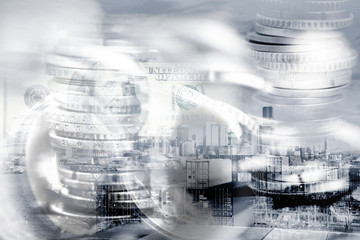 Financial background concept in a double exposure of money and city buildings.