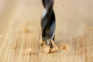Close up of drill that pierces the wood. sawdust flies away
