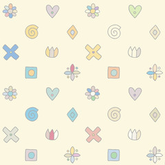 Seamless vector pattern, cute decorative geometrical hand drawn with childlike elements, dots, square, circle, cross, rectangle, triangle, square, flowers, hearts, spiral. Background, doodle style.