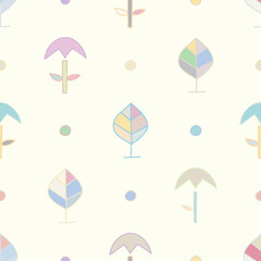 Obraz premium Seamless vector pattern. symmetrical background with hand drawn decorative trees. Pastel print. Graphic abstract design, illustration for wrapping, wallpaper, fabric, packaging, textile