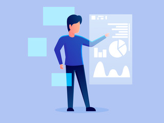 digital futuristic analytics hologram working character vector design illustration