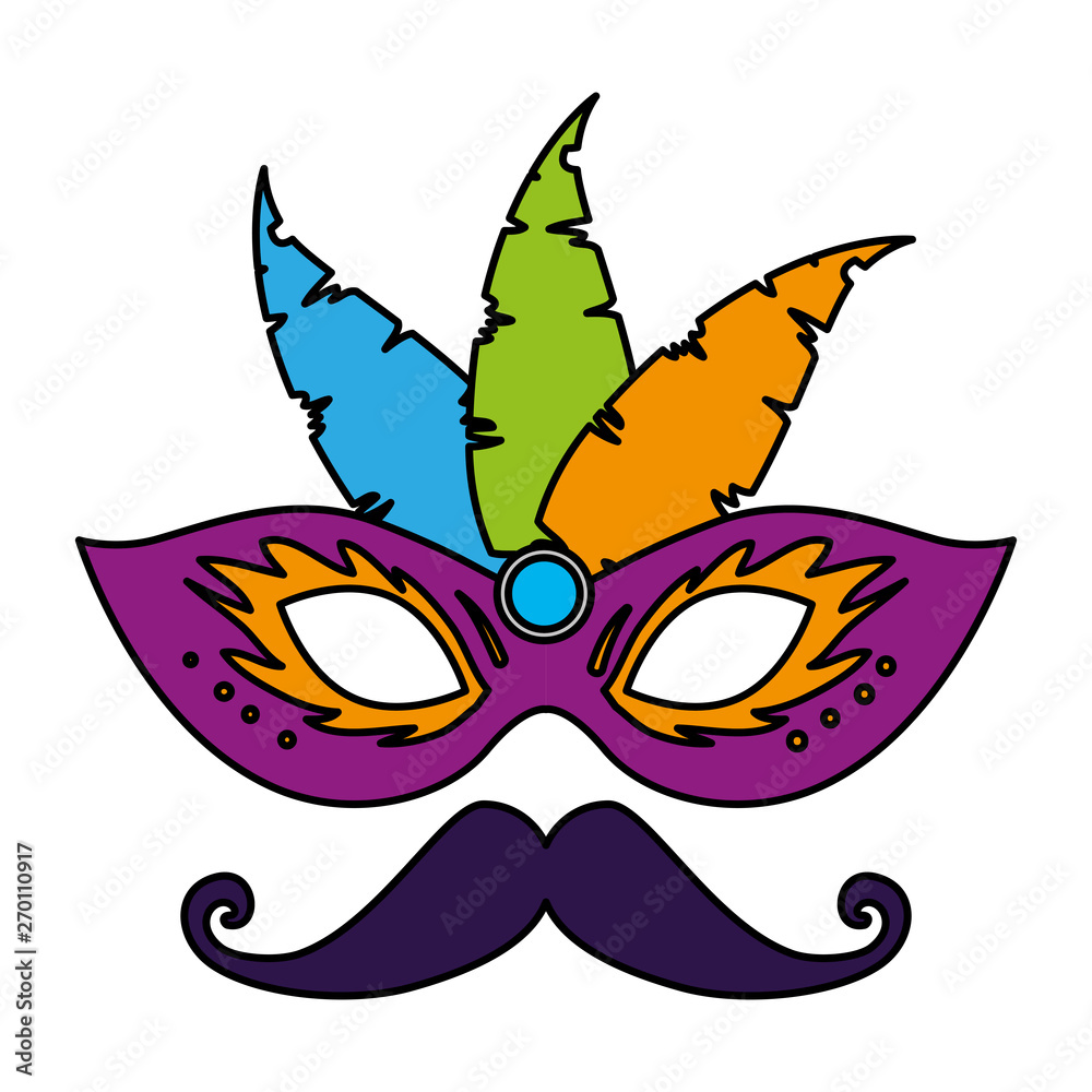 Poster carnival mask with feathers and mustache