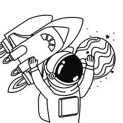 astronaut with spacesuit and rocket in white background