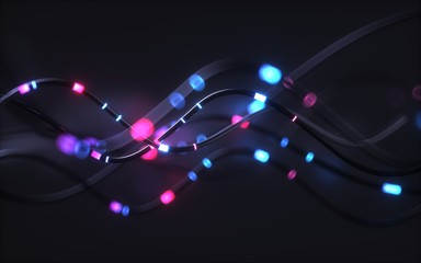 3d render, abstract background, pink blue neon light impulse going through cables, big data...