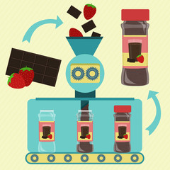 Chocolate with strawberry powder line series production. Factory of canned chocolate with strawberry powder. Chocolate bar and strawberry being processed. Packing powder. Cup printed on the packing.