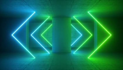 Fototapety  3d render, green blue neon light, abstract modern background, glowing arrows lines, laser rays, fashion stage, vibrant colors, empty room, tunnel, corridor, night club interior