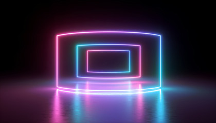 3d rendering, neon lights, abstract ultraviolet background, virtual reality screen, laser show, rectangular blank frame, tunnel, glowing lines, floor reflection, vibrant colors
