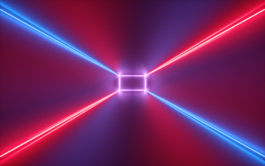 Plakat 3d render, abstract background, red blue neon light, illuminated corridor, tunnel, empty room, virtual space