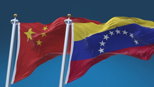 4k Seamless Venezuela and China Flags with blue sky background;A fully digital rendering;The animation loops at 20 seconds;VEN VE CHN CN.