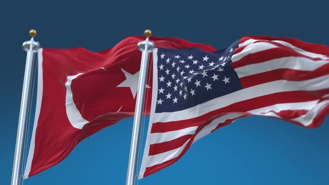 4k Seamless United States of America And Turkey Flags with blue sky background;A fully digital rendering;The flag 3D animation loops at 20 seconds;USA US TUR TR.